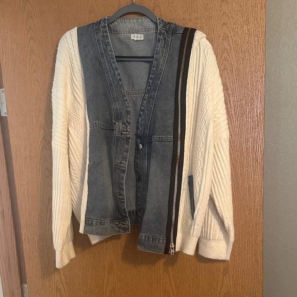 Denim and Knit Cardigan with Zipper Detail - Picture 1 of 2